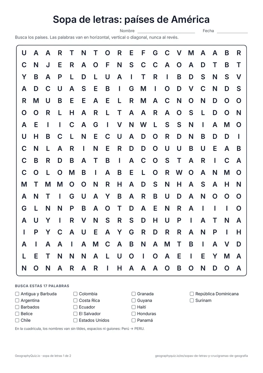 Vista previa de la ficha para imprimir «Sopa de letras: países de América»