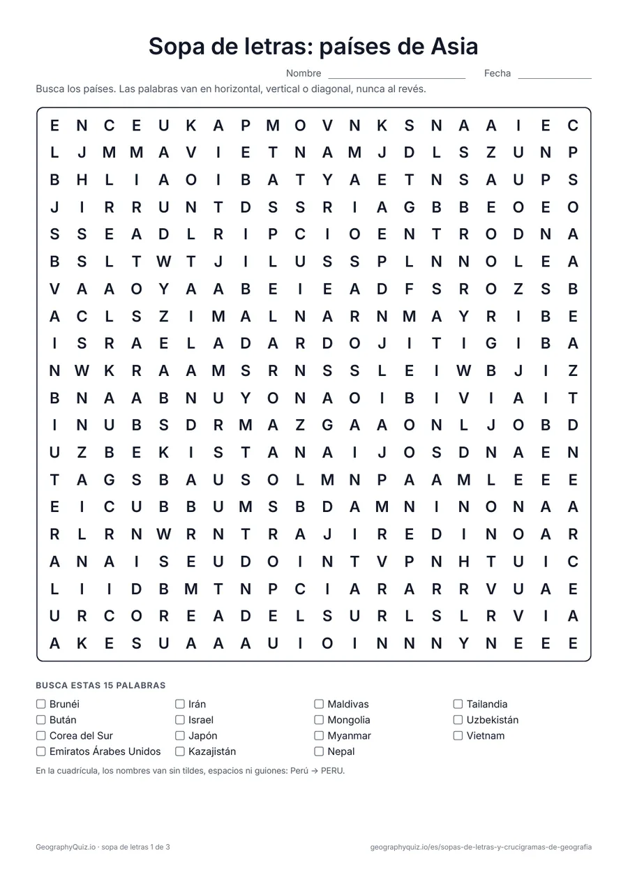 Vista previa de la ficha para imprimir «Sopa de letras: países de Asia»