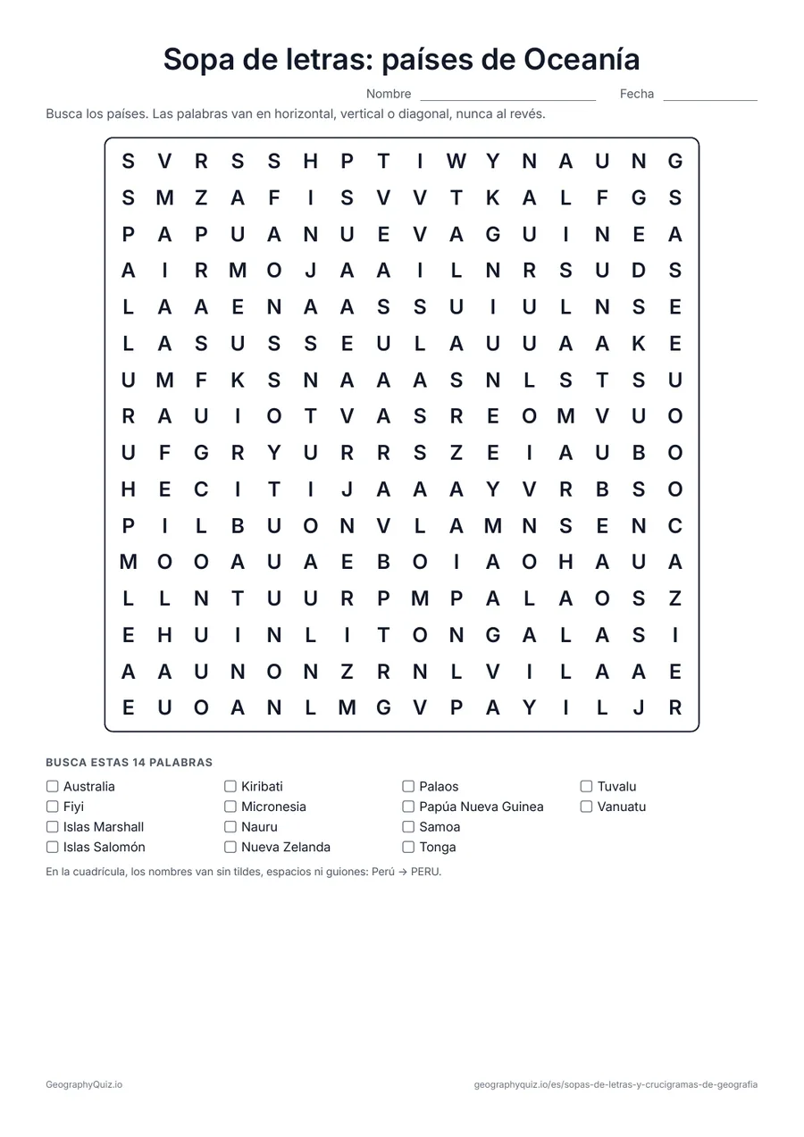 Vista previa de la ficha para imprimir «Sopa de letras: países de Oceanía»