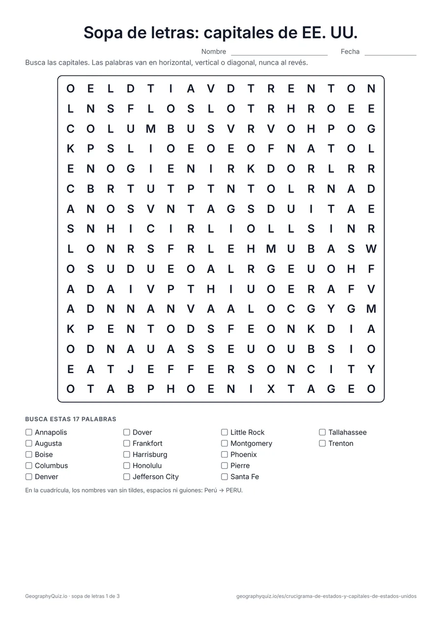 Vista previa de la ficha para imprimir «Sopa de letras: capitales de EE. UU.»: Las 50 capitales de los estados escondidas en tres sopas de letras