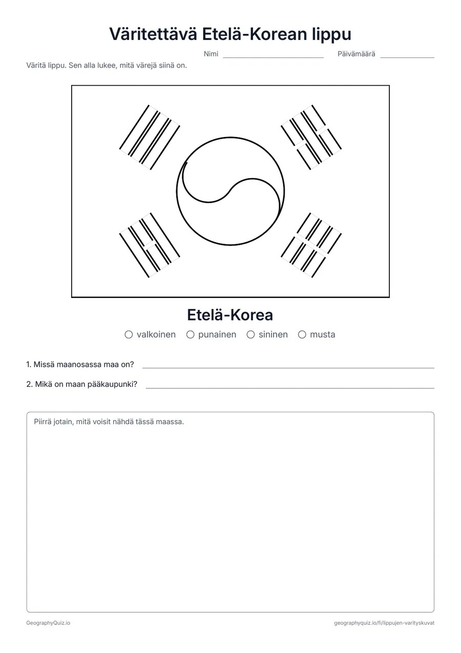 Esikatselu: tulostettava tehtävämoniste ”Väritettävä Etelä-Korean lippu”: Etelä-Korean lippu suurena ja oikeissa mittasuhteissa, väriselite ja kaksi kysymystä