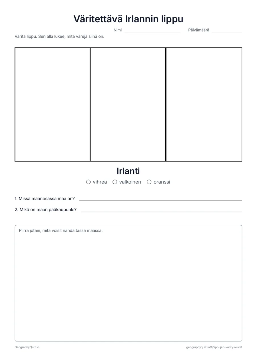 Esikatselu: tulostettava tehtävämoniste ”Väritettävä Irlannin lippu”: Irlannin vihreä-valkoinen-oranssi trikolori – helppo lippu nuorimmille