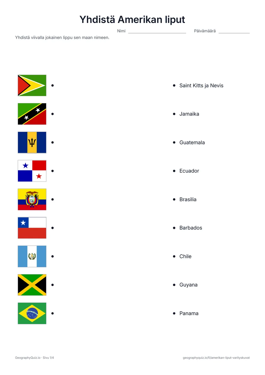 Esikatselu: tulostettava tehtävämoniste ”Yhdistä Amerikan liput”: Liput toisella puolella ja maiden nimet sekoitetussa järjestyksessä toisella