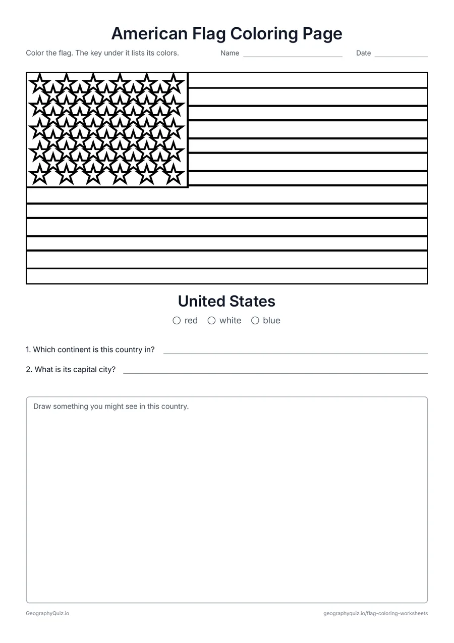 Preview of the printable American Flag Coloring Page worksheet: The Stars and Stripes, drawn large across the page with all 50 stars and 13 stripes, ready to color red, white and blue