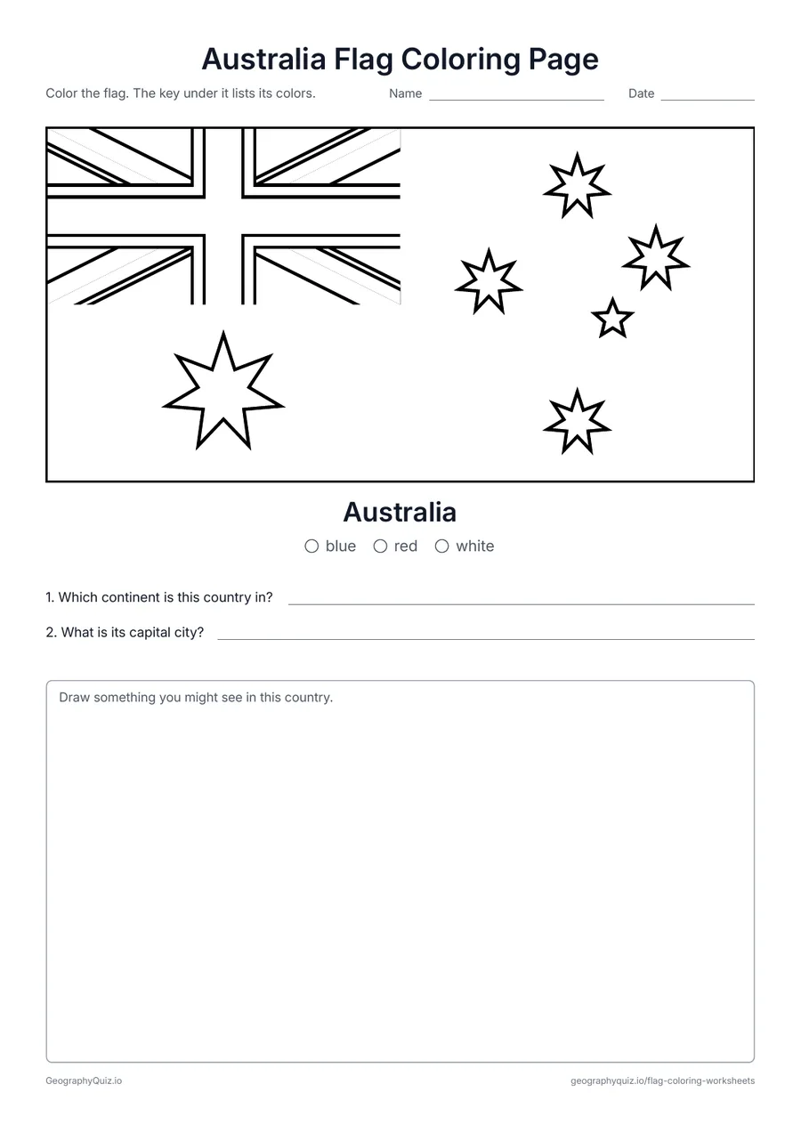 Preview of the printable Australia Flag Coloring Page worksheet: The flag of Australia with the Union Jack and the Southern Cross, with a color key and two questions