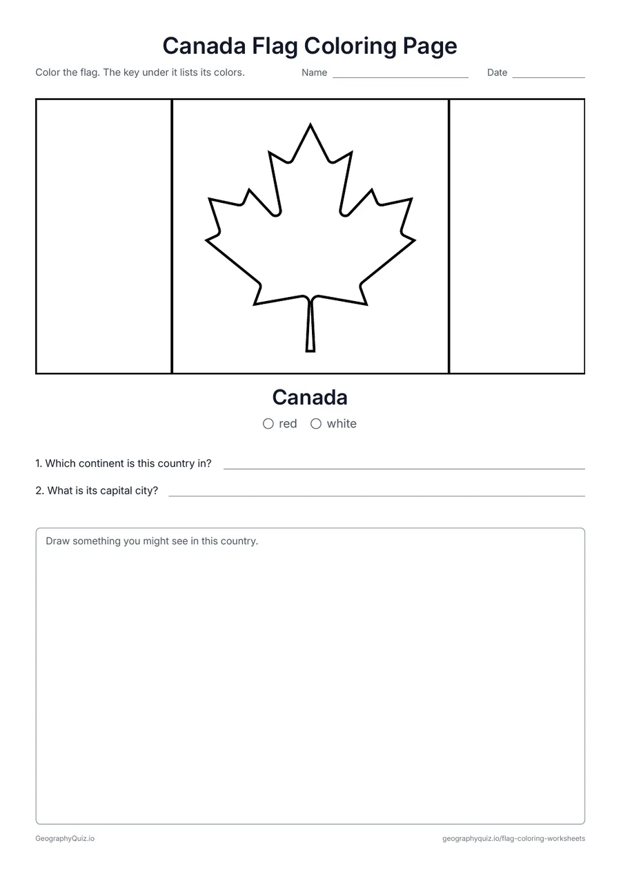 Preview of the printable Canada Flag Coloring Page worksheet: The maple leaf flag of Canada, with a color key and two questions