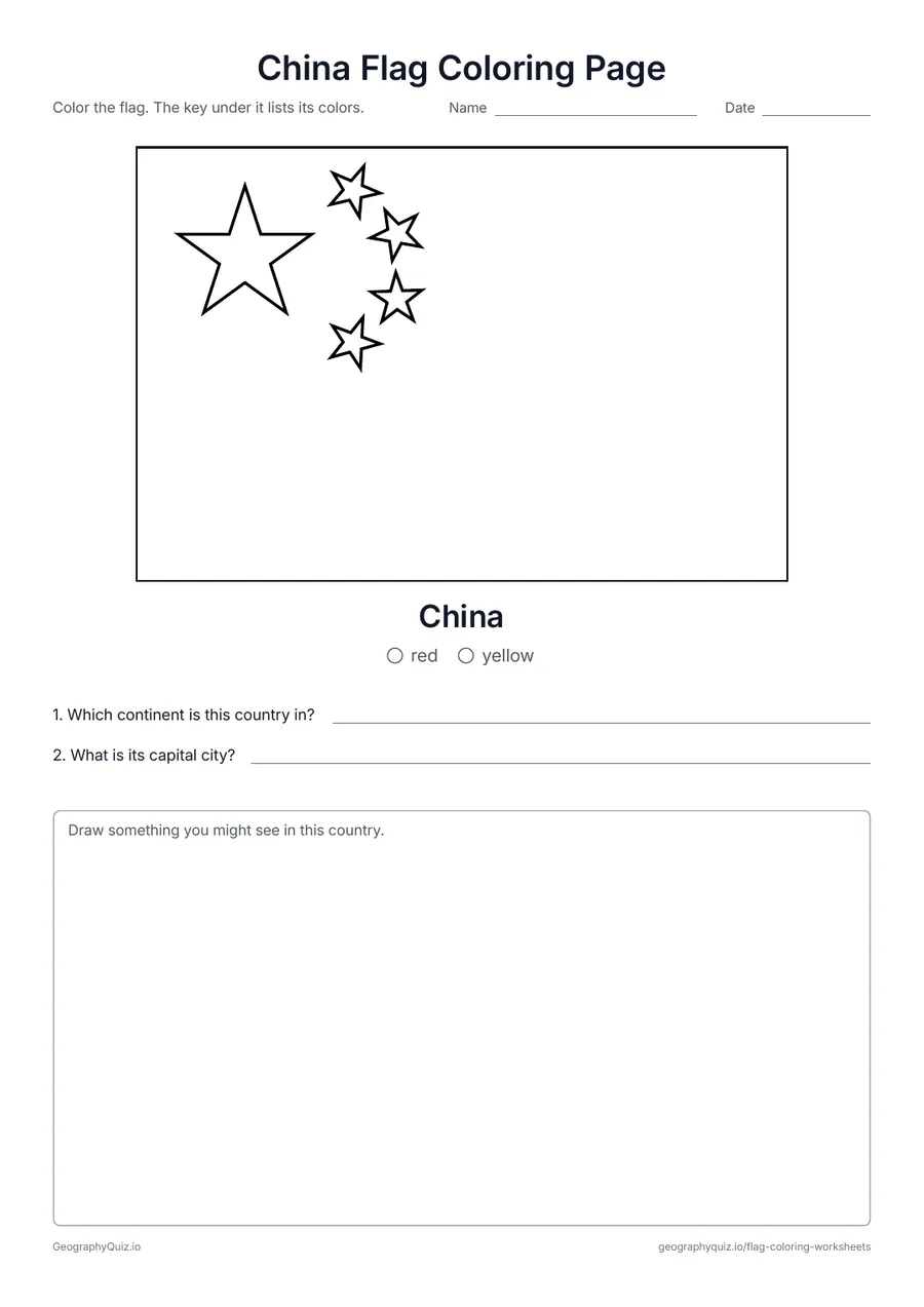 Preview of the printable China Flag Coloring Page worksheet: The red flag of China with its five yellow stars, with a color key and two questions