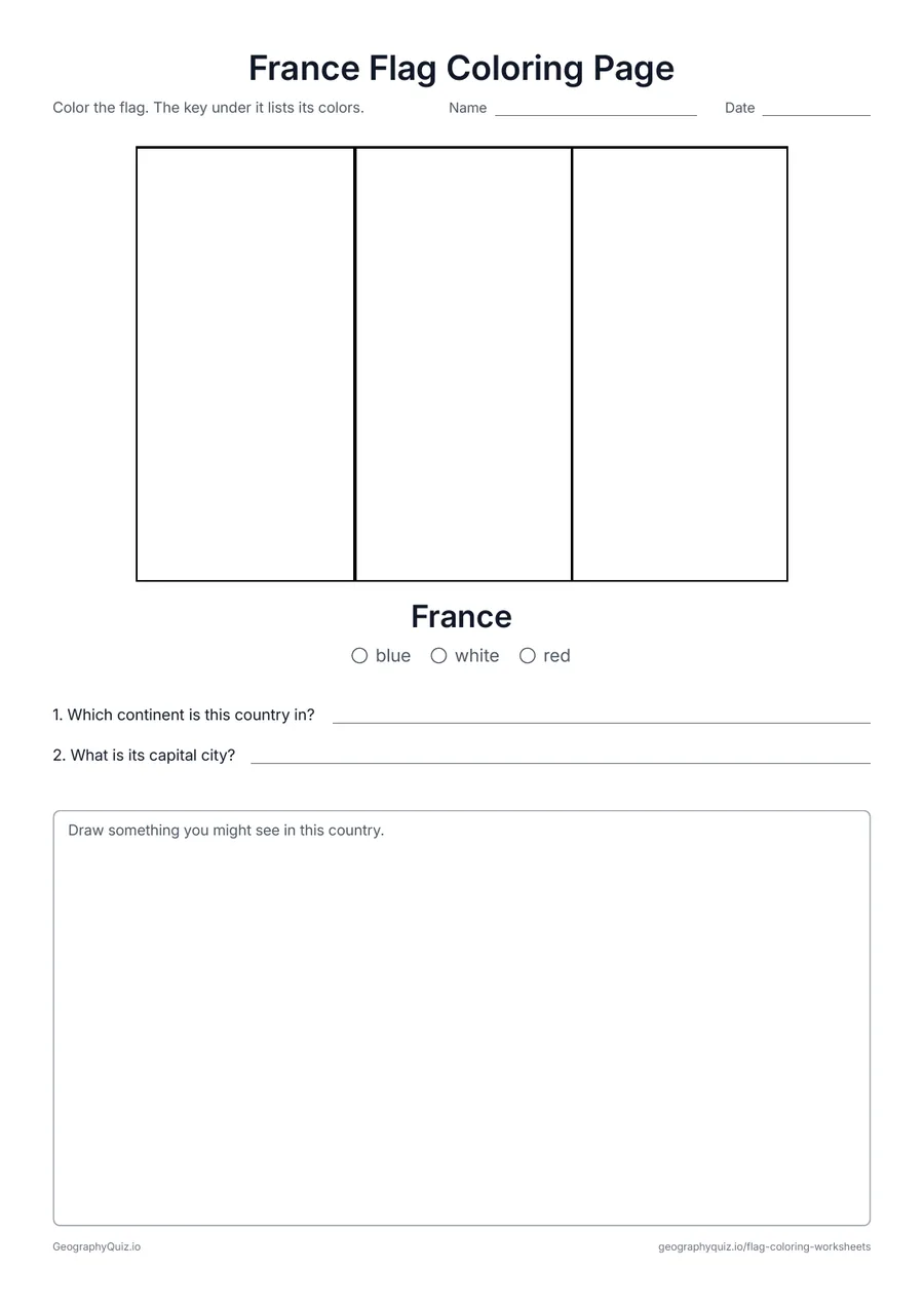 Preview of the printable France Flag Coloring Page worksheet: The blue, white and red tricolor of France – a simple first flag to color