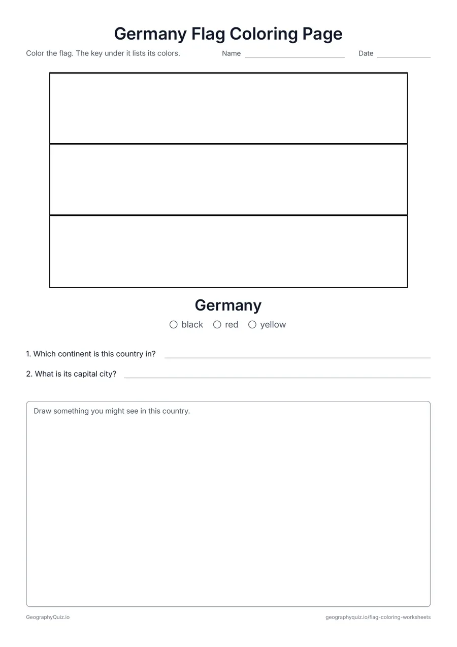 Preview of the printable Germany Flag Coloring Page worksheet: The black, red and gold flag of Germany, with a color key and two questions