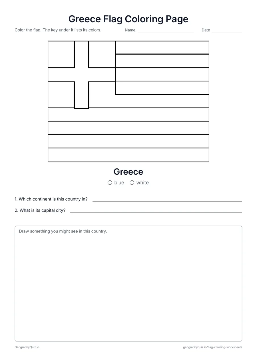 Preview of the printable Greece Flag Coloring Page worksheet: The blue and white stripes and cross of the Greek flag, with a color key and two questions