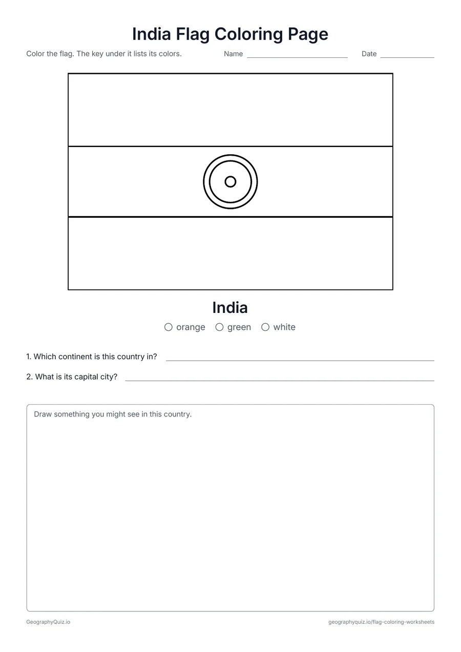 Preview of the printable India Flag Coloring Page worksheet: The saffron, white and green flag of India with the blue wheel at its center, with a color key and two questions