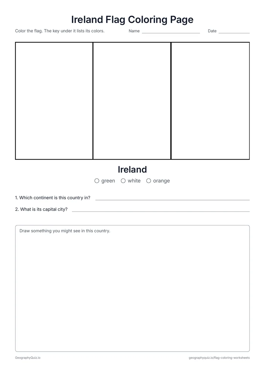 Preview of the printable Ireland Flag Coloring Page worksheet: The green, white and orange tricolor of Ireland – a simple flag for younger children