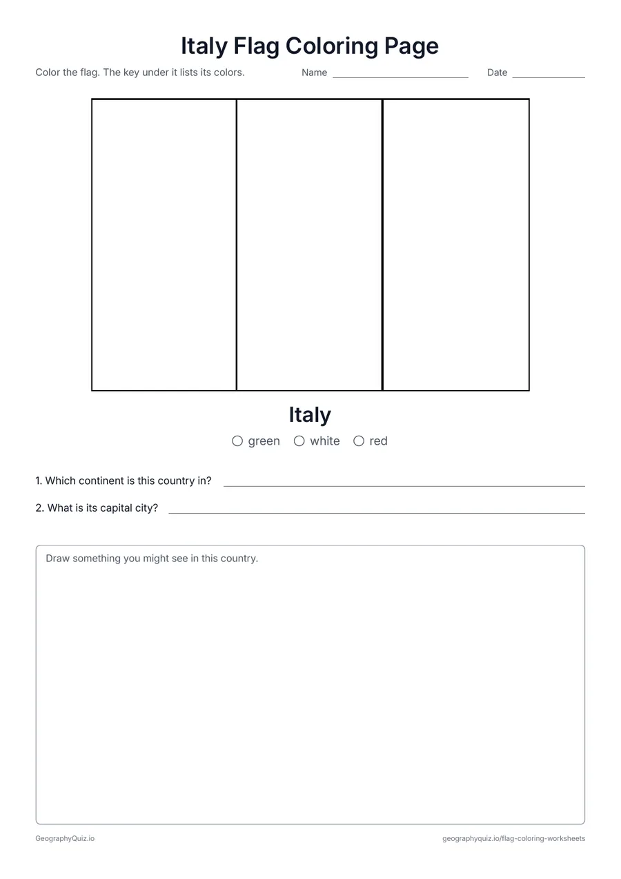 Preview of the printable Italy Flag Coloring Page worksheet: The green, white and red flag of Italy, with a color key and two questions