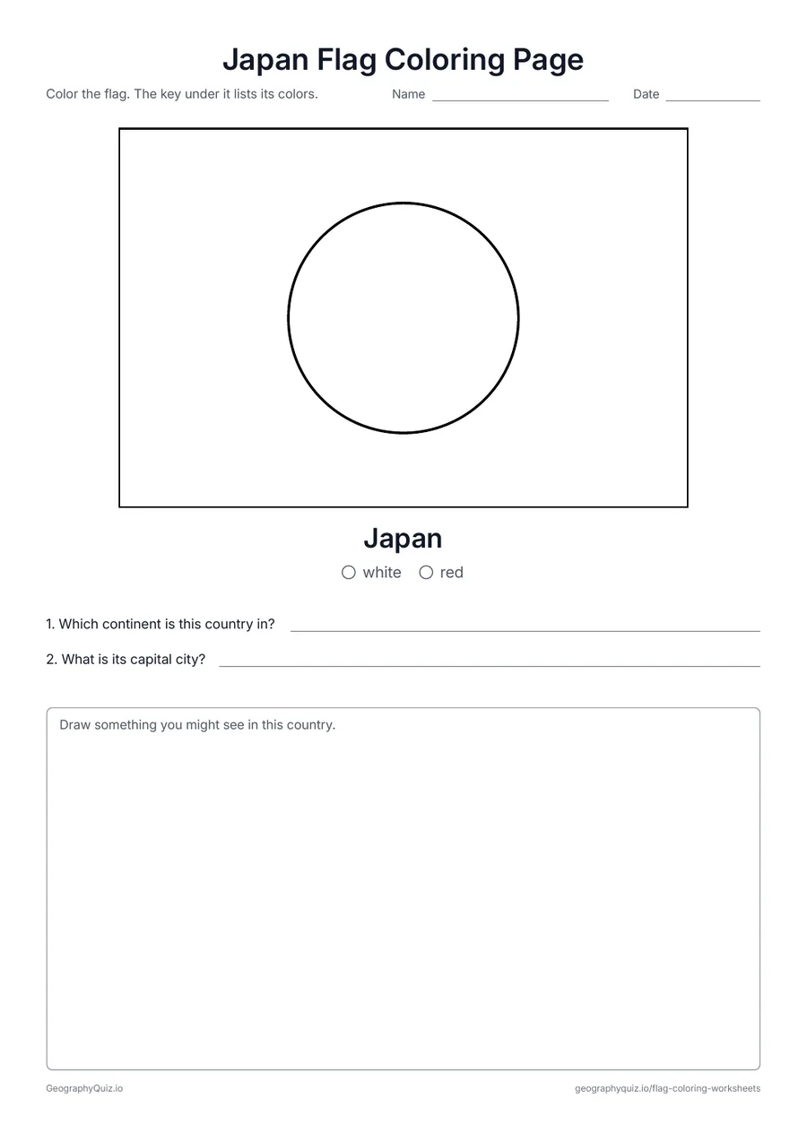 Preview of the printable Japan Flag Coloring Page worksheet: The red sun of the Japanese flag – the easiest flag in the set for younger children