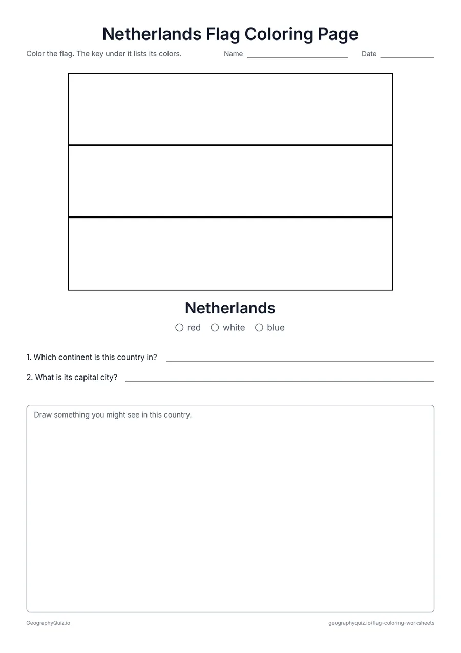 Preview of the printable Netherlands Flag Coloring Page worksheet: The red, white and blue stripes of the Netherlands – a simple first flag to color