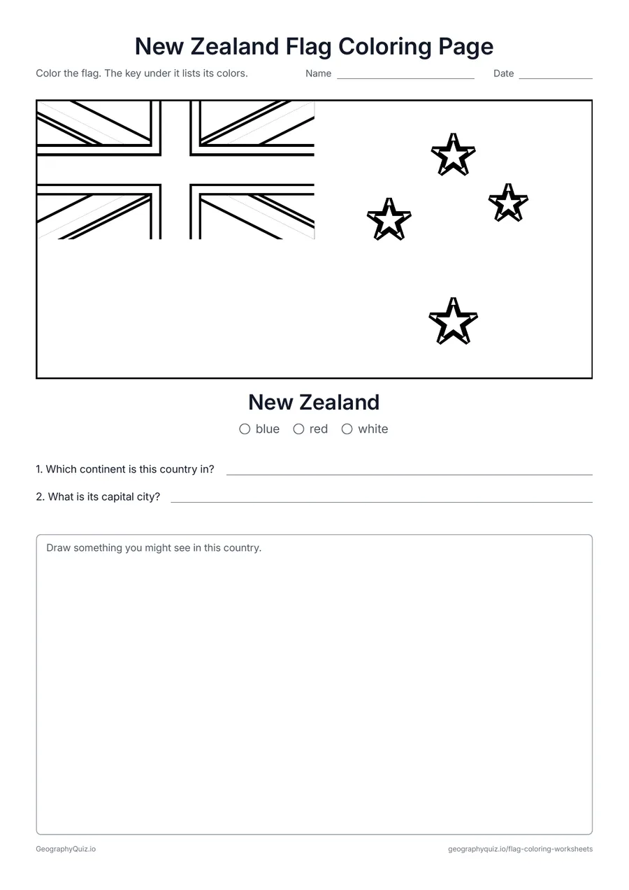 Preview of the printable New Zealand Flag Coloring Page worksheet: The flag of New Zealand with the Union Jack and the four red stars of the Southern Cross, with a color key and two questions