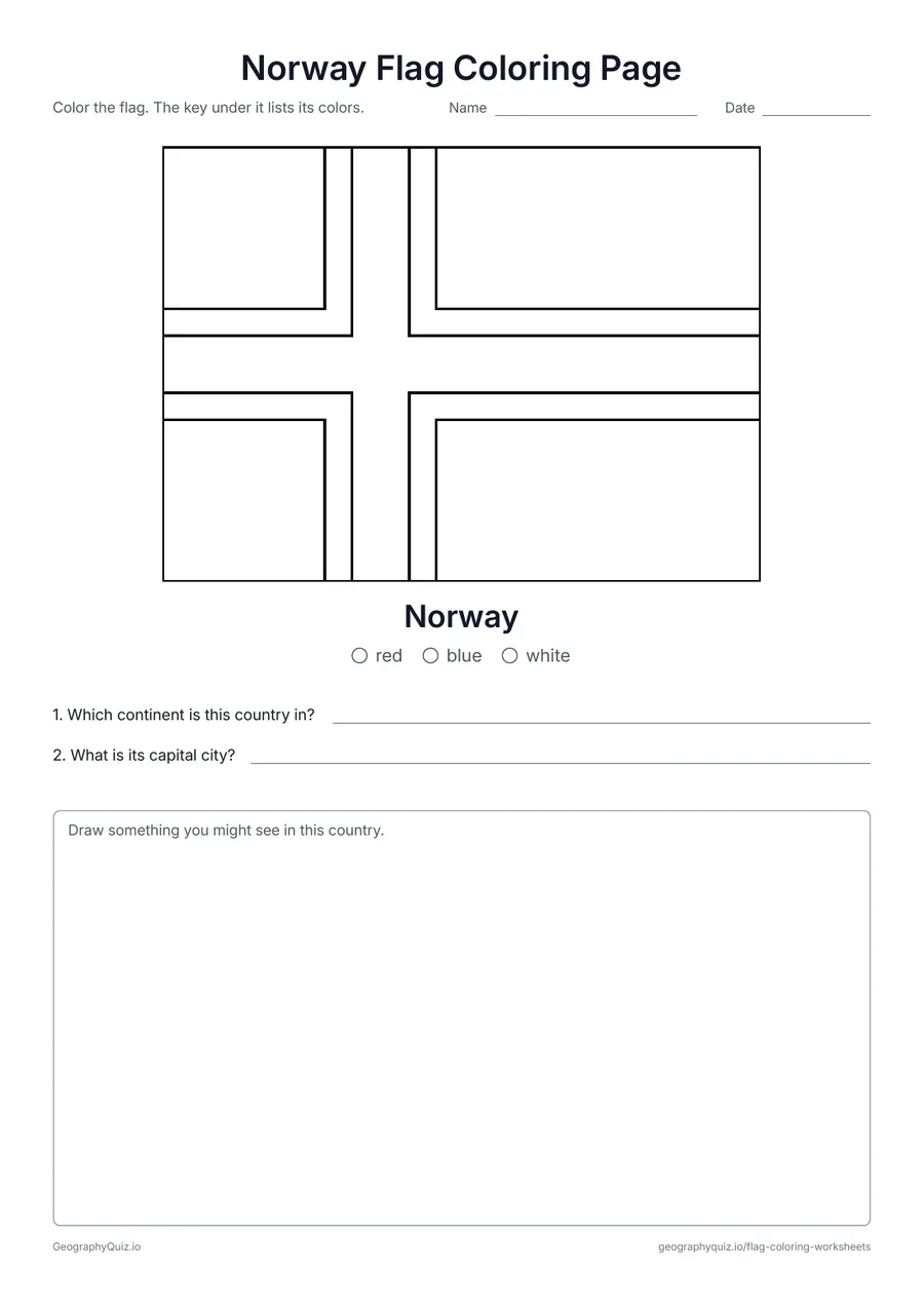 Preview of the printable Norway Flag Coloring Page worksheet: The red flag of Norway with its blue and white cross, with a color key and two questions
