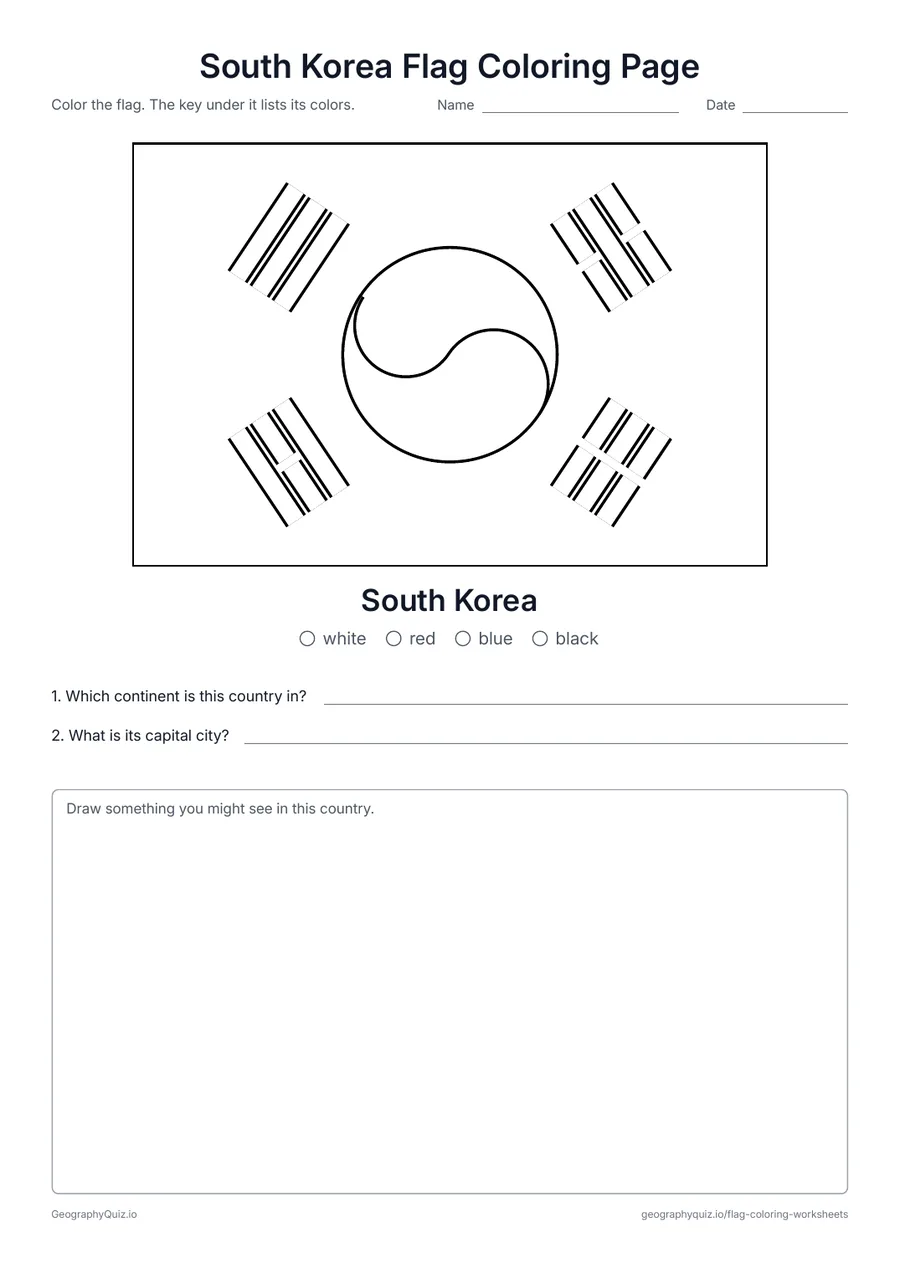 Preview of the printable South Korea Flag Coloring Page worksheet: The flag of South Korea, with its red and blue circle and four black trigrams, with a color key and two questions
