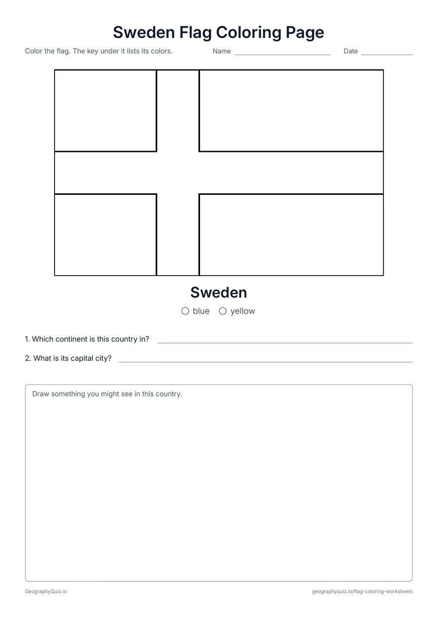 Preview of the printable Sweden Flag Coloring Page worksheet: The yellow cross on blue of the Swedish flag, with a color key and two questions