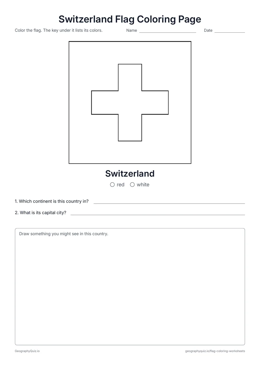 Preview of the printable Switzerland Flag Coloring Page worksheet: The square red flag of Switzerland with its white cross – one of only two square national flags