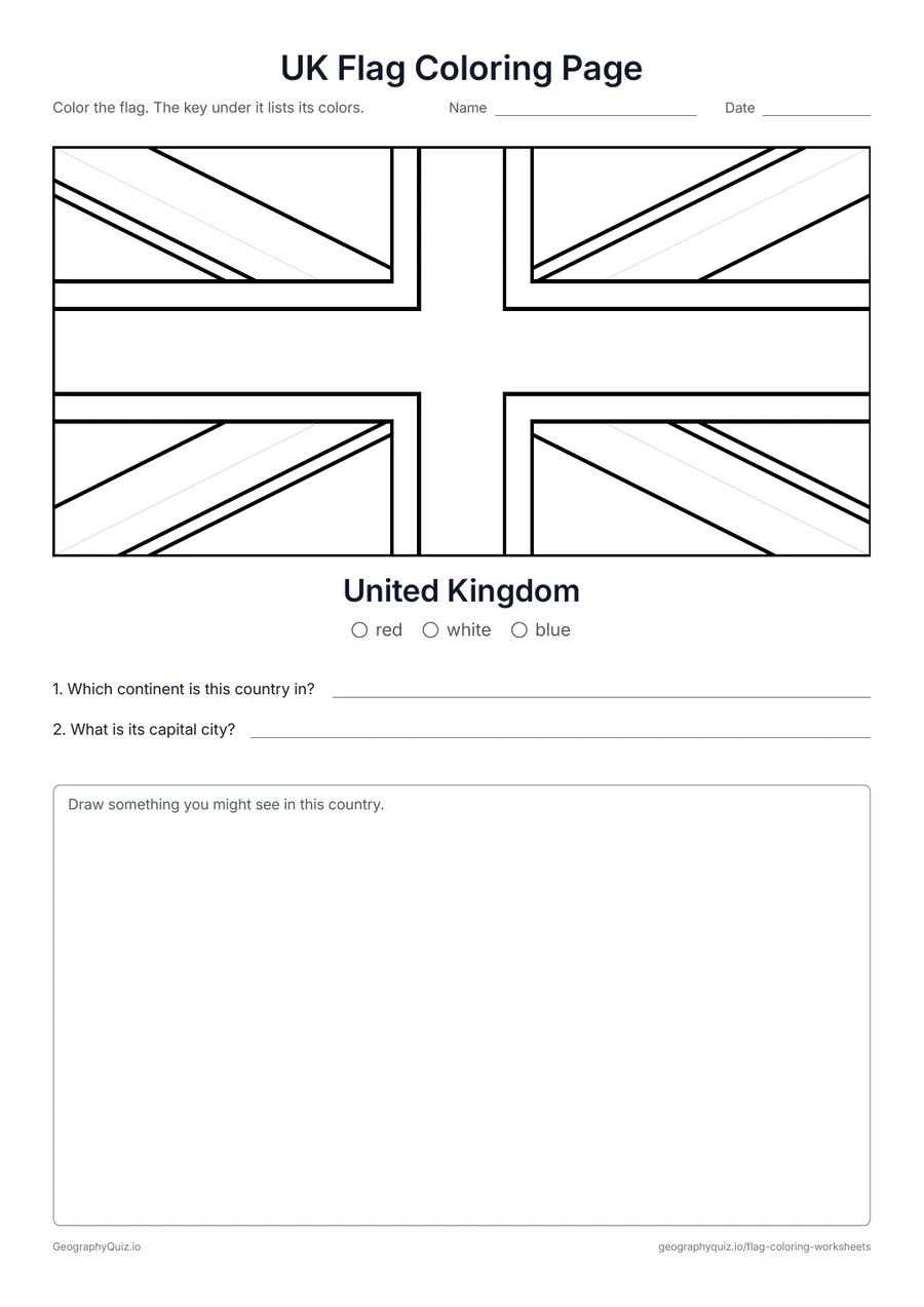 Preview of the printable UK Flag Coloring Page worksheet: The Union Jack of the United Kingdom, with a color key and two questions