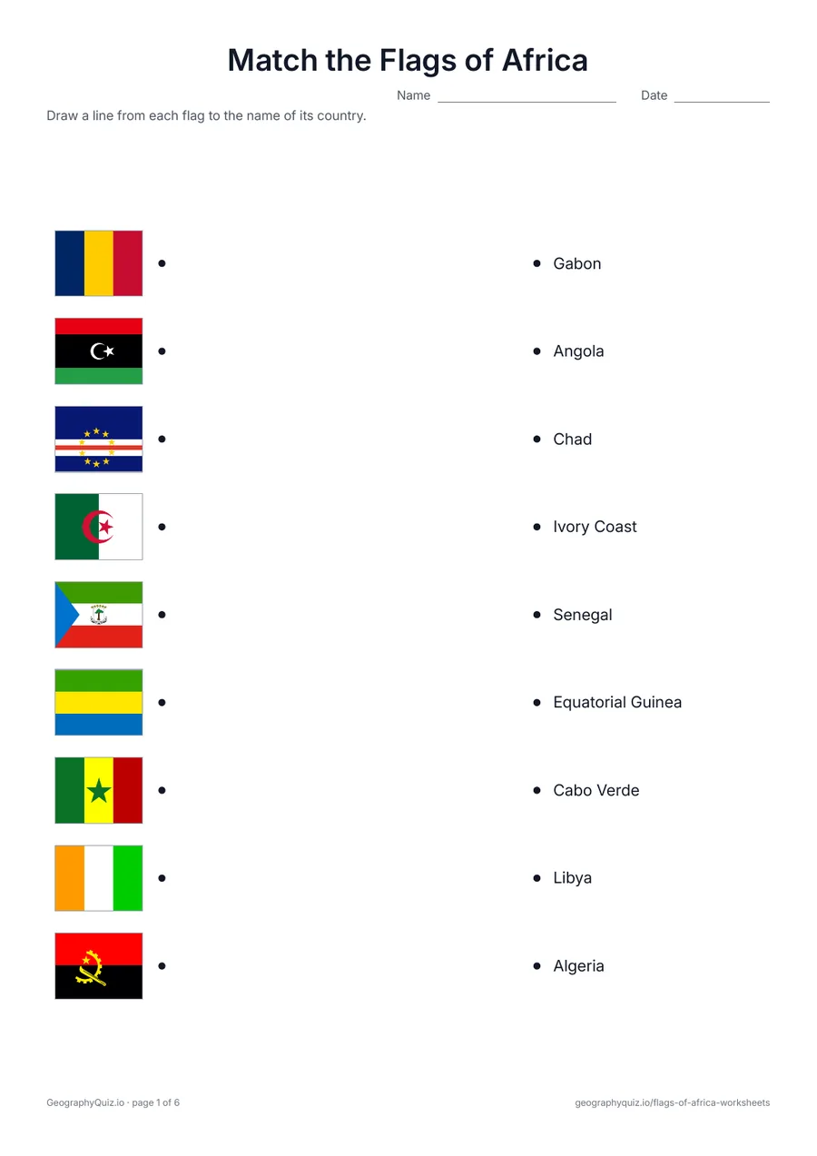 Preview of the printable Match the Flags of Africa worksheet