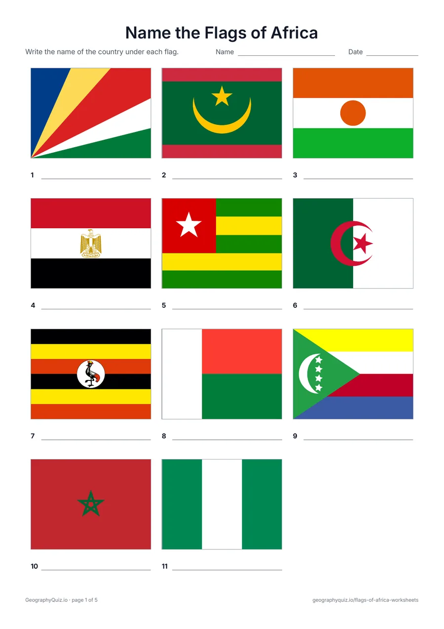 Preview of the printable Name the Flags of Africa worksheet