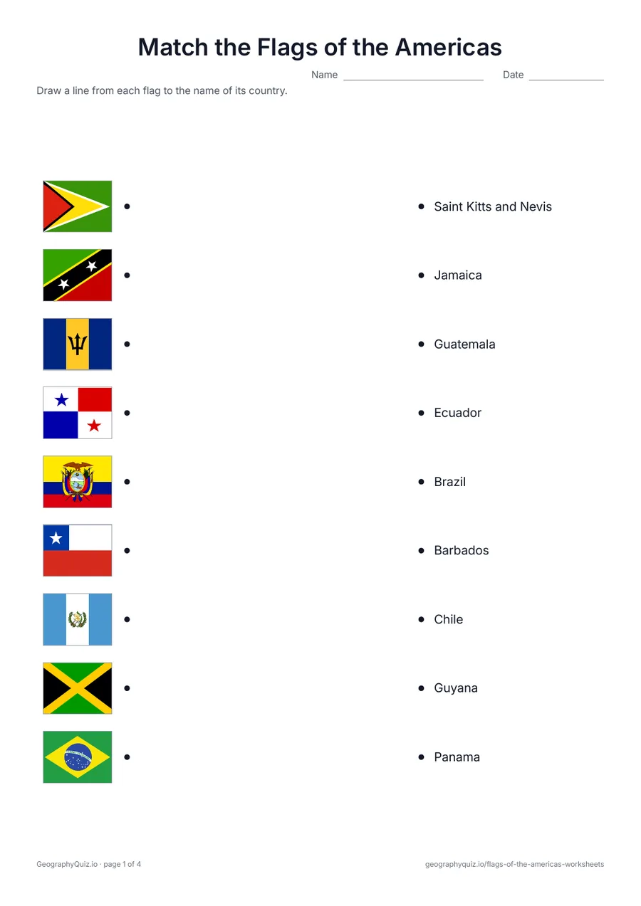 Preview of the printable Match the Flags of the Americas worksheet