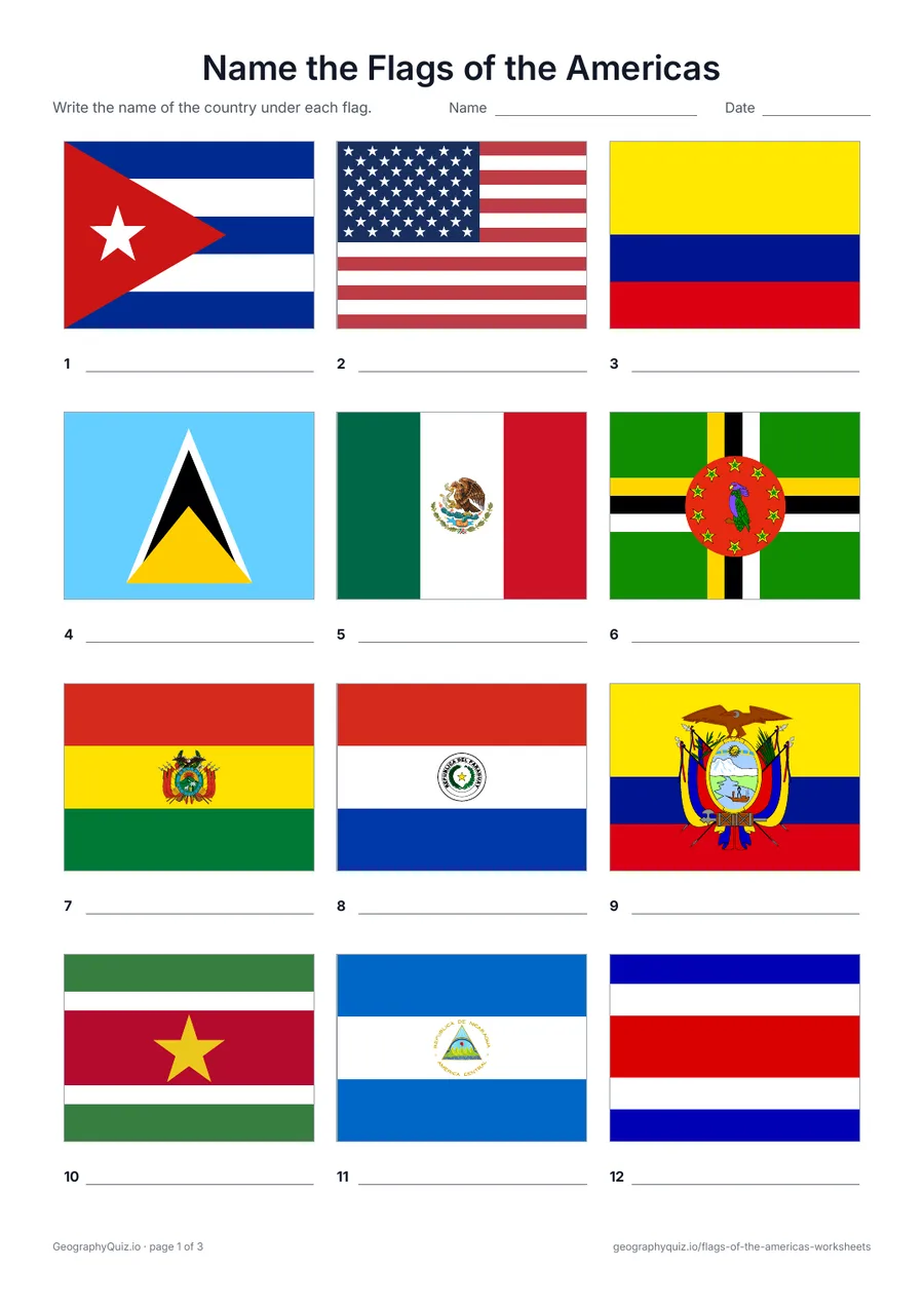 Preview of the printable Name the Flags of the Americas worksheet