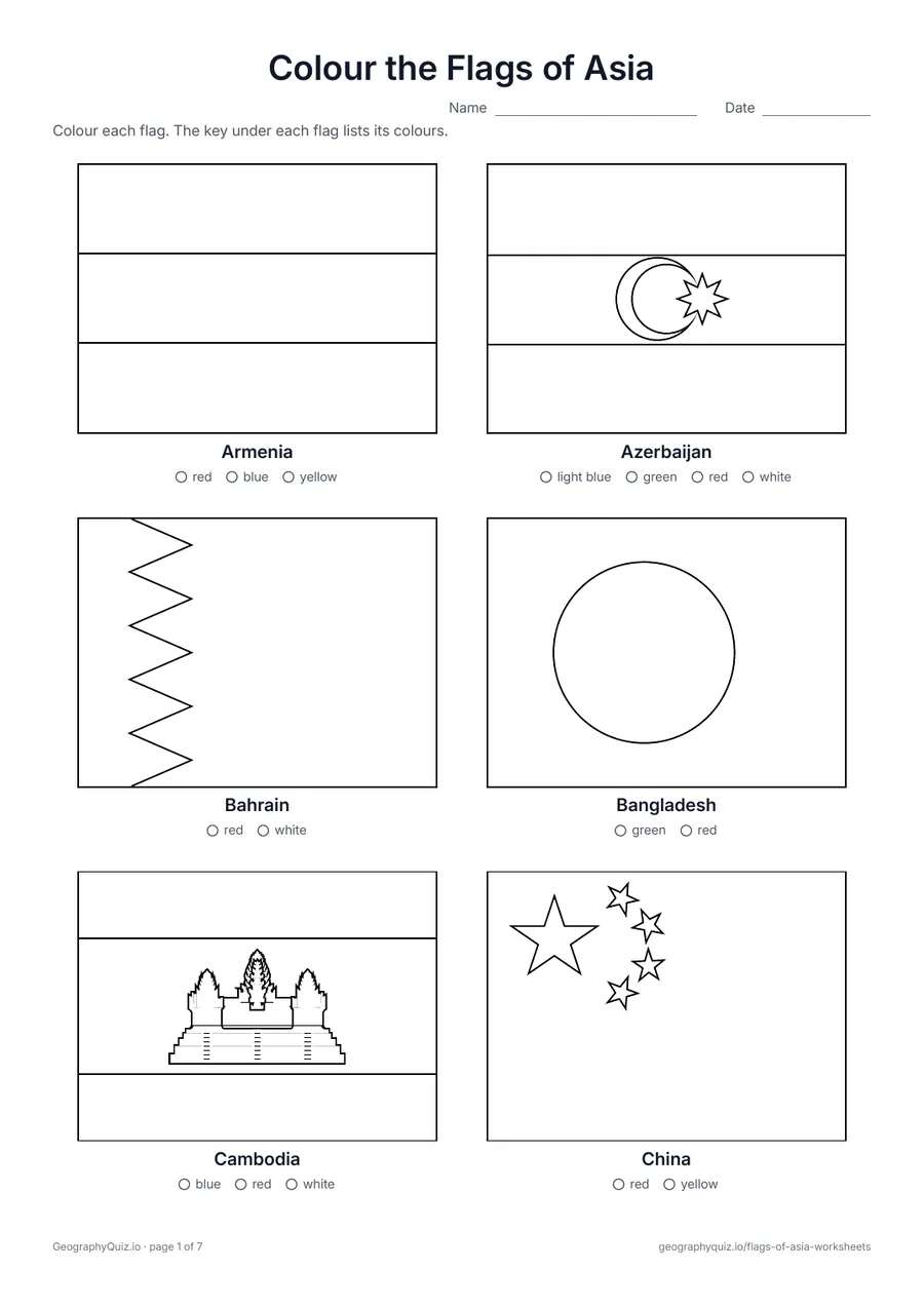 Flags of Asia Colouring Pages worksheet preview