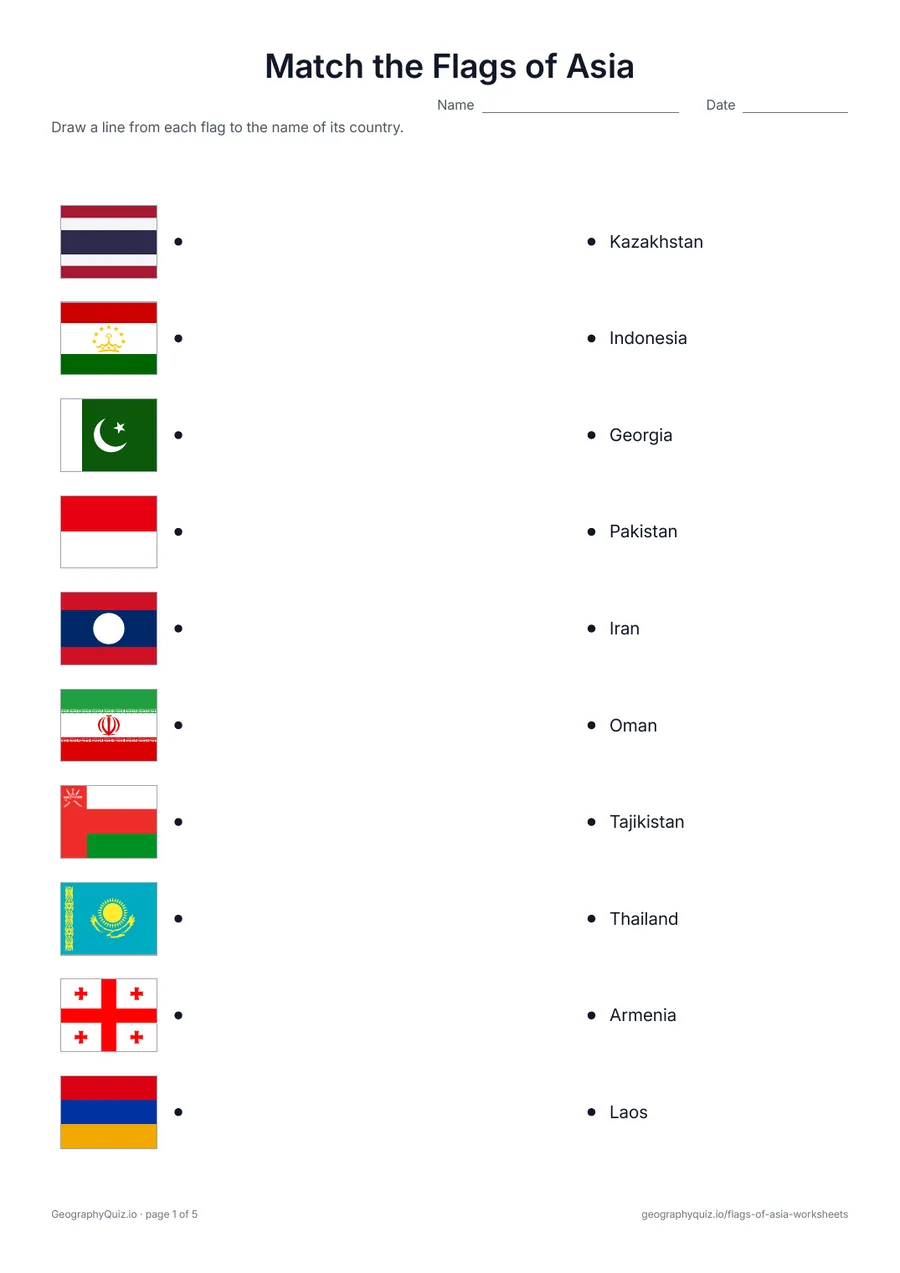 Preview of the printable Match the Flags of Asia worksheet