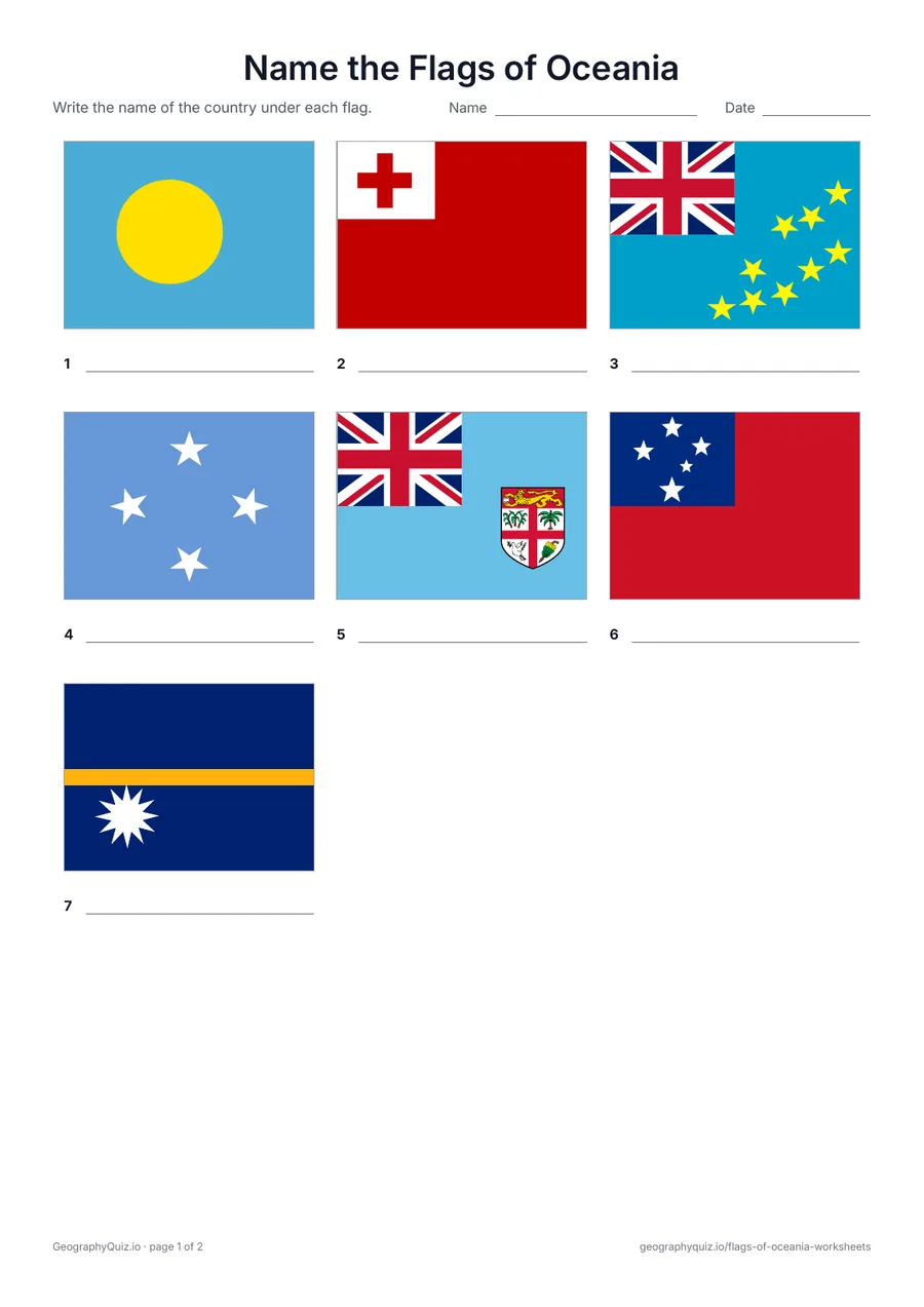 Preview of the printable Name the Flags of Oceania worksheet