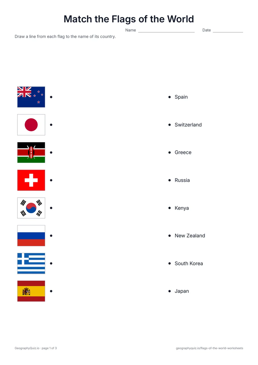 Preview of the printable Match the Flags of the World worksheet