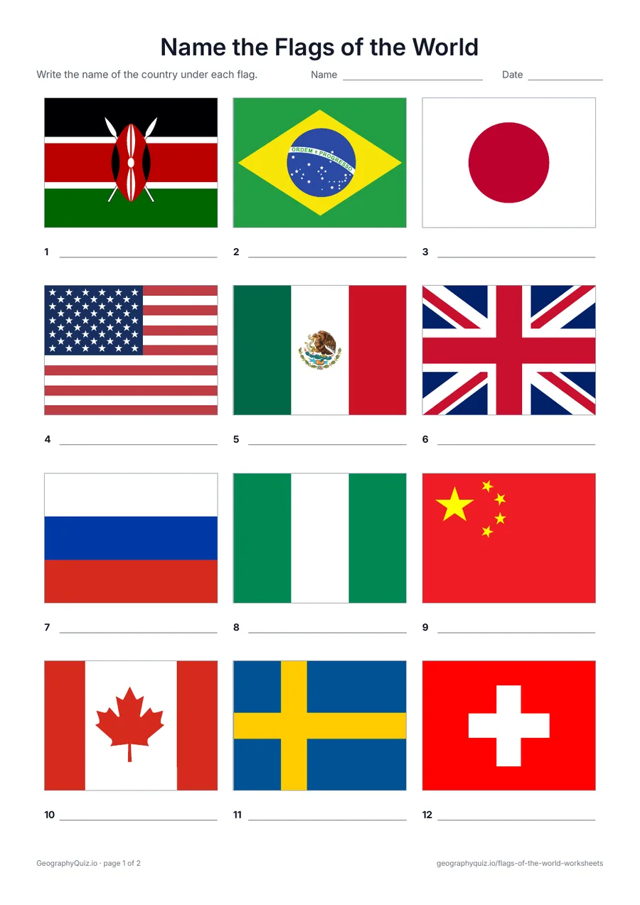 Preview of the printable Name the Flags of the World worksheet