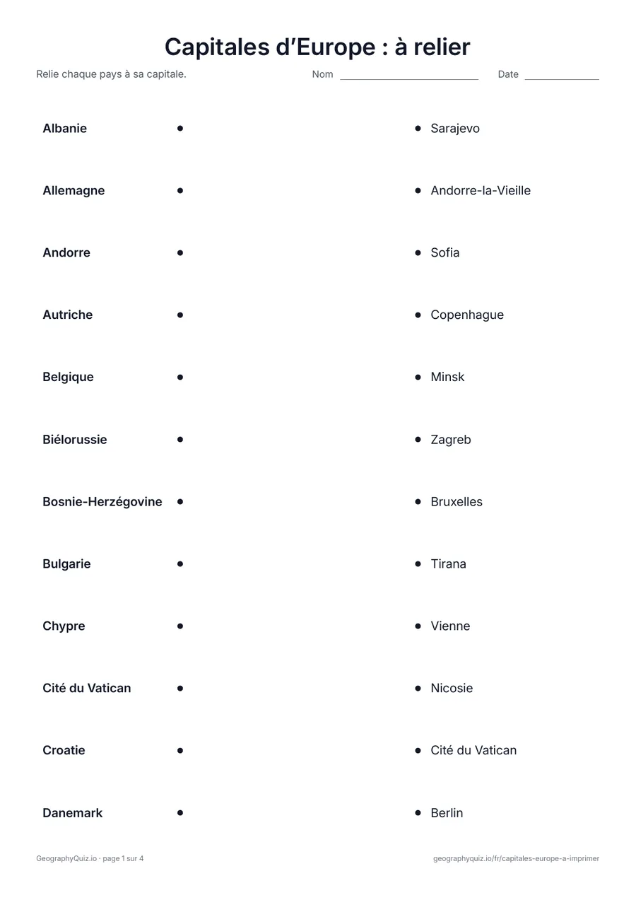 Aperçu de la fiche à imprimer « Capitales d’Europe : à relier »