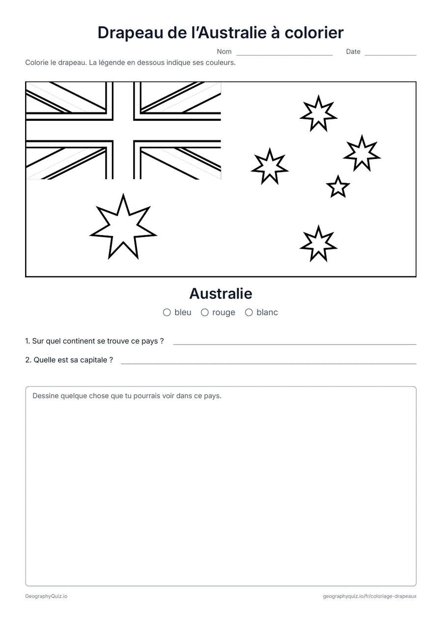 Aperçu de la fiche à imprimer « Drapeau de l’Australie à colorier »: Le drapeau de l’Australie dessiné en grand et dans ses vraies proportions, avec une légende des couleurs et deux questions