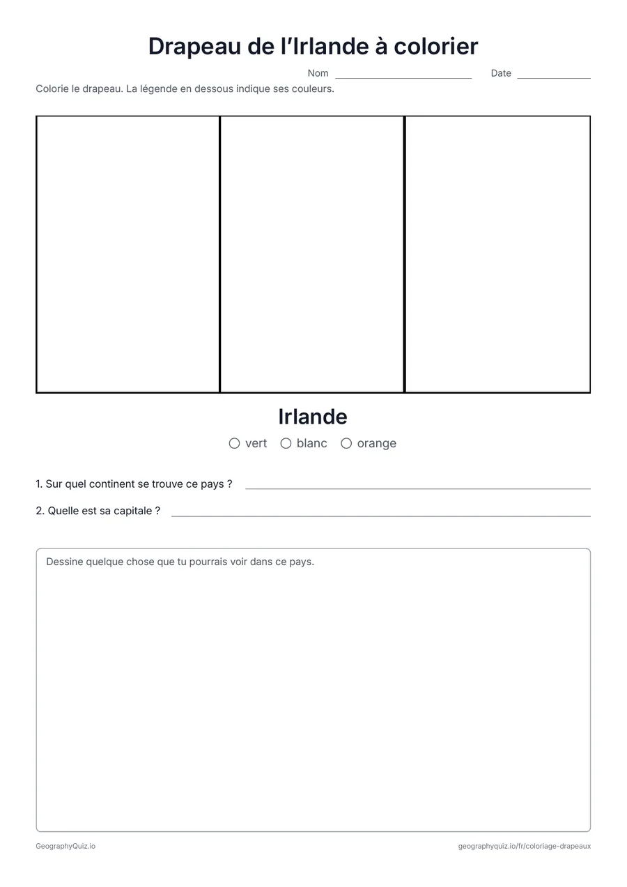 Aperçu de la fiche à imprimer « Drapeau de l’Irlande à colorier »: Le drapeau tricolore vert, blanc et orange de l’Irlande : un drapeau simple pour les plus jeunes