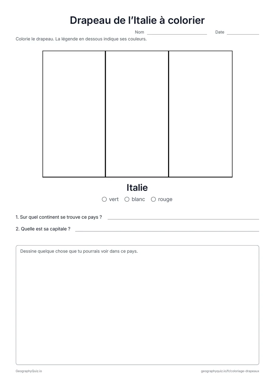 Aperçu de la fiche à imprimer « Drapeau de l’Italie à colorier »: Le drapeau de l’Italie dessiné en grand et dans ses vraies proportions, avec une légende des couleurs et deux questions