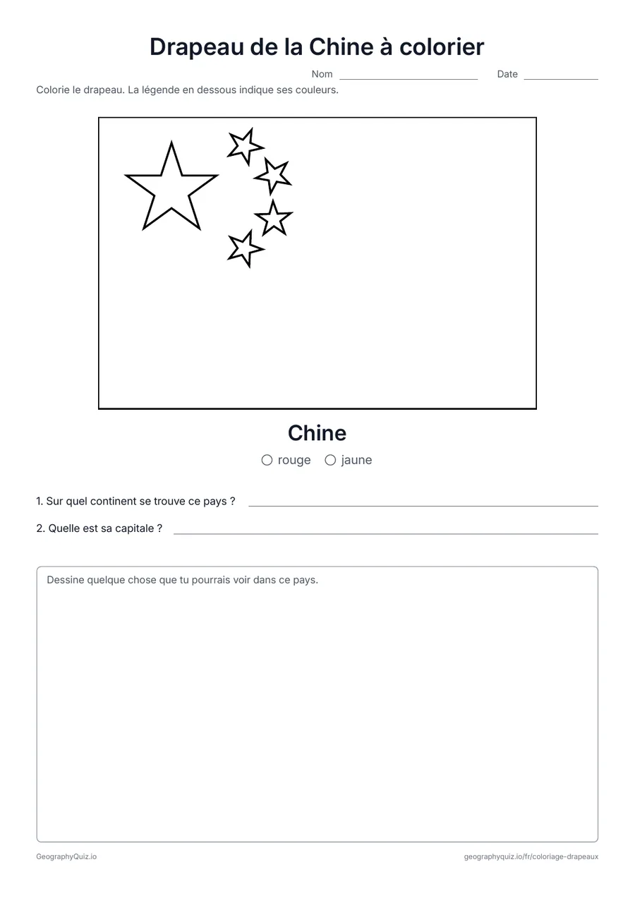 Aperçu de la fiche à imprimer « Drapeau de la Chine à colorier »: Le drapeau rouge de la Chine et ses cinq étoiles jaunes, avec une légende des couleurs et deux questions
