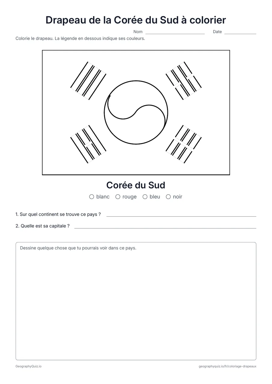 Aperçu de la fiche à imprimer « Drapeau de la Corée du Sud à colorier »: Le drapeau de la Corée du Sud dessiné en grand et dans ses vraies proportions, avec une légende des couleurs et deux questions