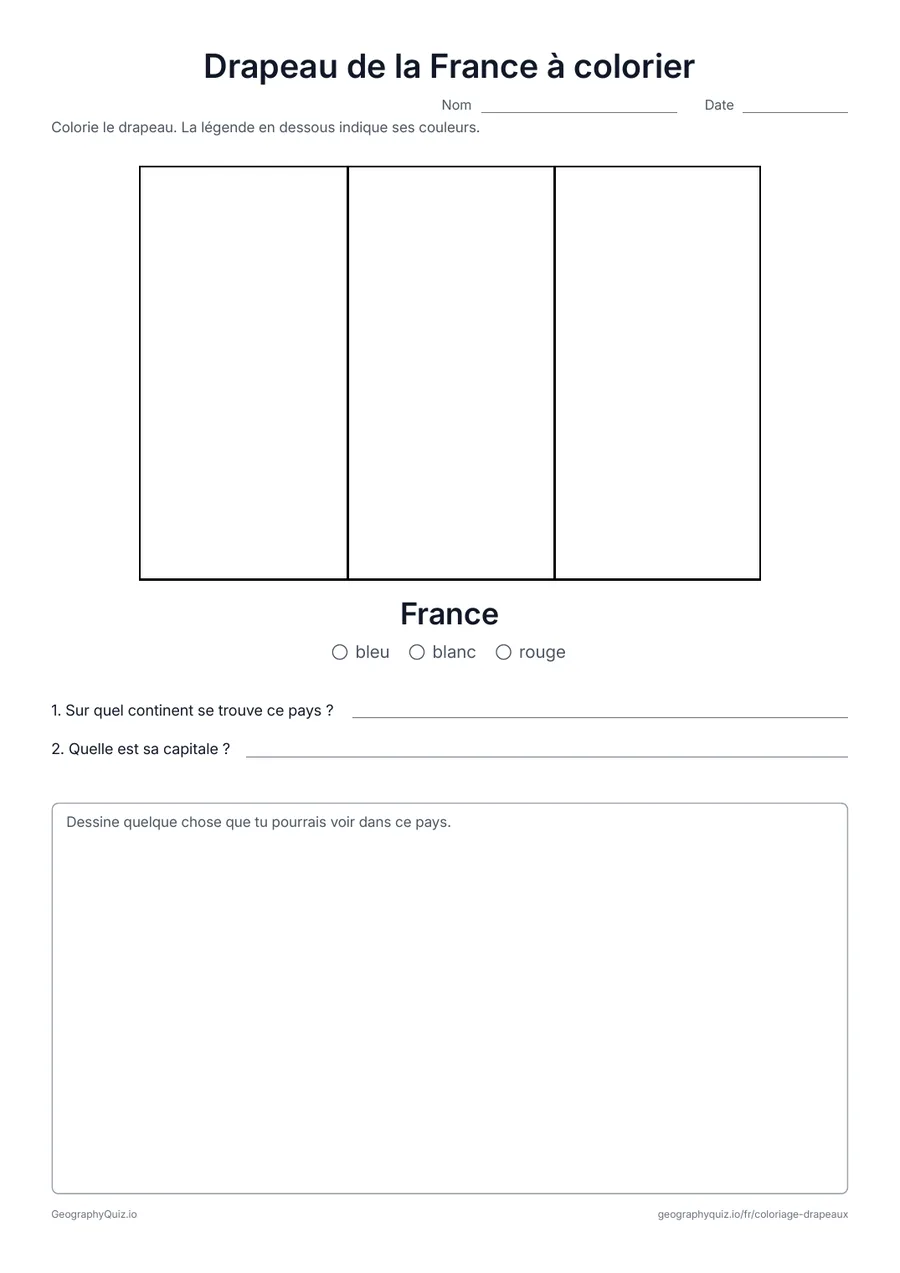 Aperçu de la fiche à imprimer « Drapeau de la France à colorier »: Le drapeau de la France dessiné en grand et dans ses vraies proportions, avec une légende des couleurs et deux questions