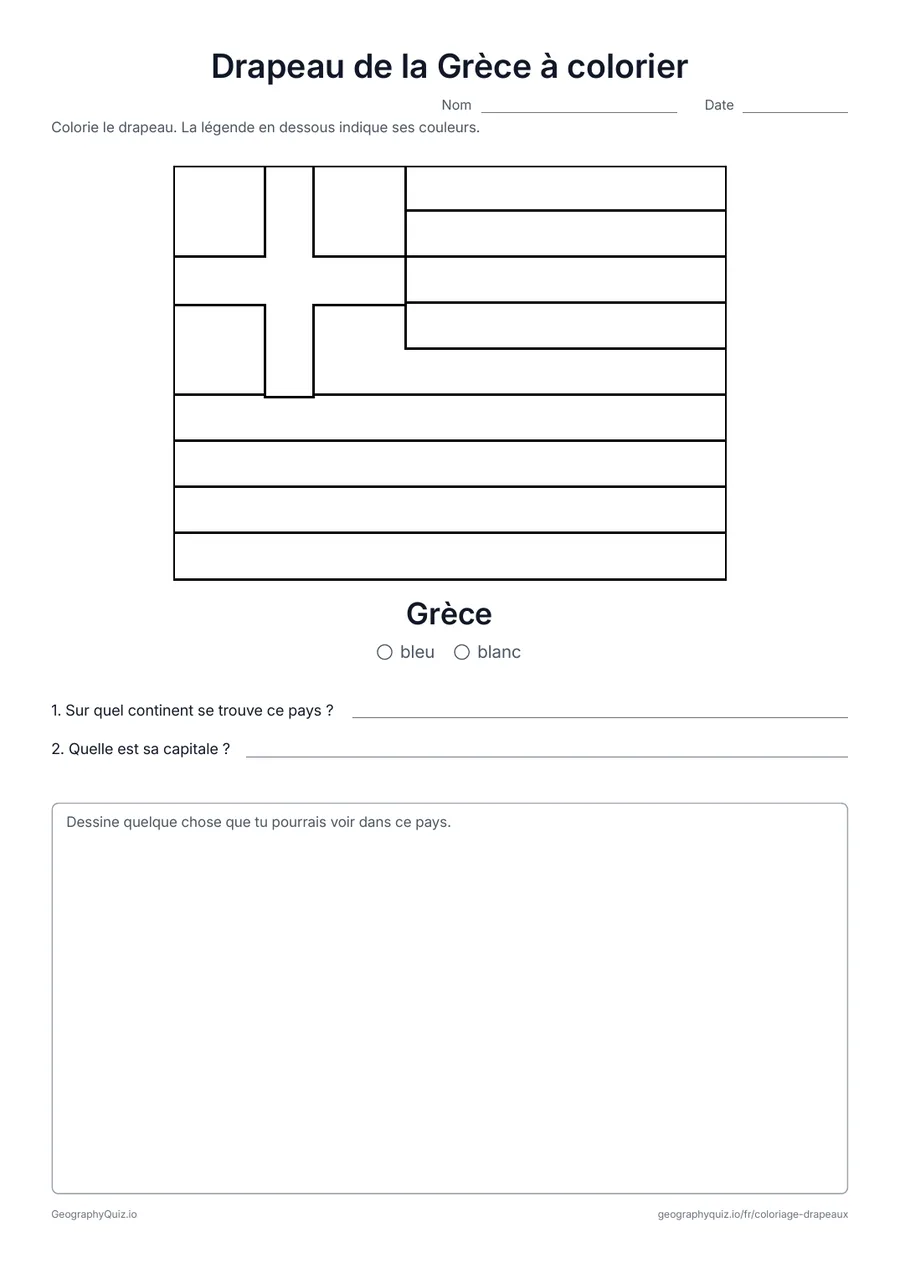 Aperçu de la fiche à imprimer « Drapeau de la Grèce à colorier »: Le drapeau de la Grèce dessiné en grand et dans ses vraies proportions, avec une légende des couleurs et deux questions