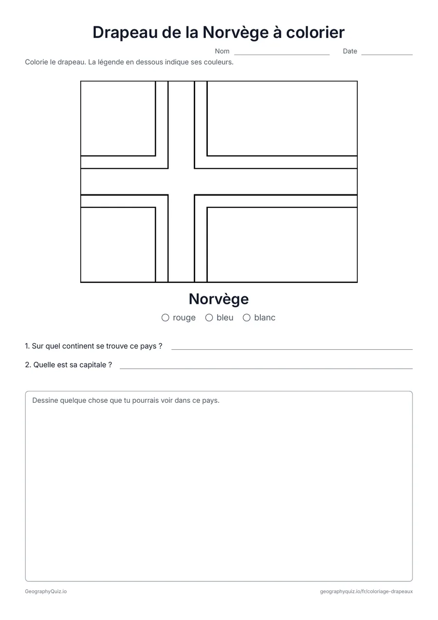 Aperçu de la fiche à imprimer « Drapeau de la Norvège à colorier »: Le drapeau rouge de la Norvège et sa croix bleue et blanche, avec une légende des couleurs et deux questions