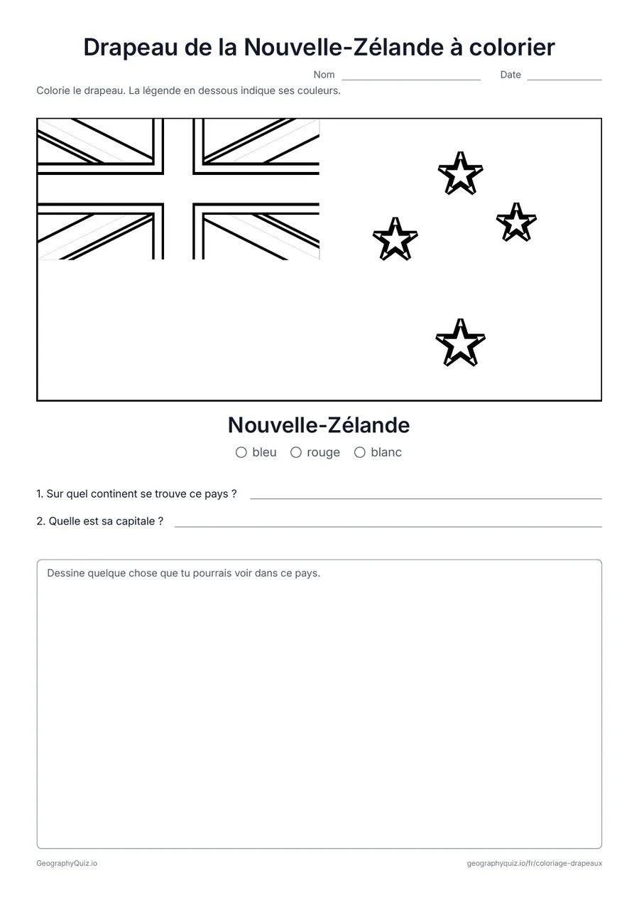 Aperçu de la fiche à imprimer « Drapeau de la Nouvelle-Zélande à colorier »: Le drapeau de la Nouvelle-Zélande avec l’Union Jack et les quatre étoiles rouges de la Croix du Sud, avec une légende des couleurs et deux questions