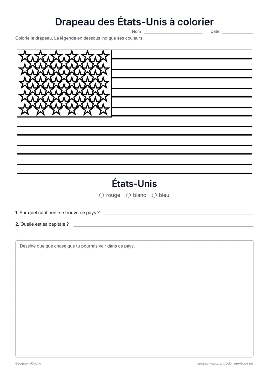 Aperçu de la fiche à imprimer « Drapeau des États-Unis à colorier »: Le drapeau des États-Unis dessiné en grand et dans ses vraies proportions, avec une légende des couleurs et deux questions