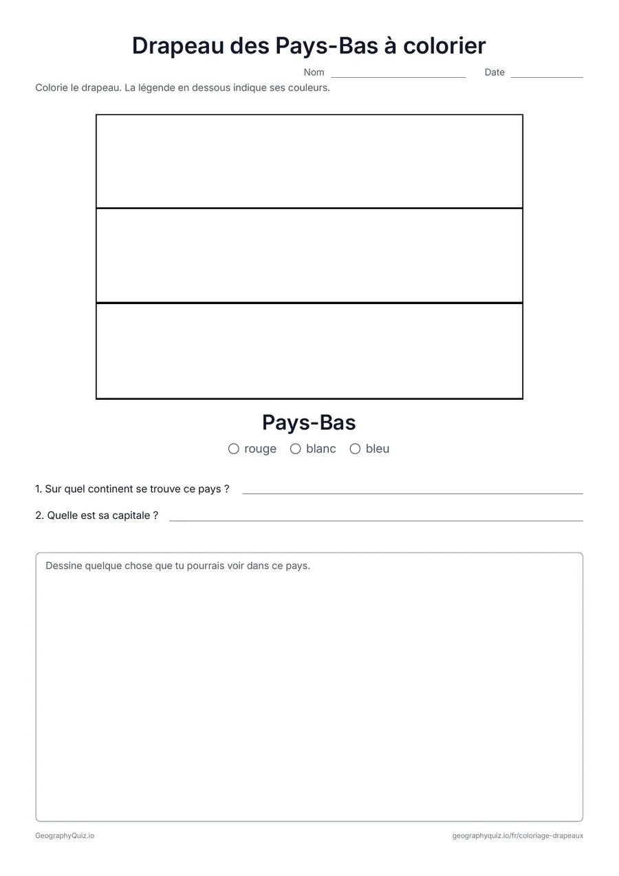 Aperçu de la fiche à imprimer « Drapeau des Pays-Bas à colorier »: Les bandes rouge, blanche et bleue des Pays-Bas : un premier drapeau simple à colorier