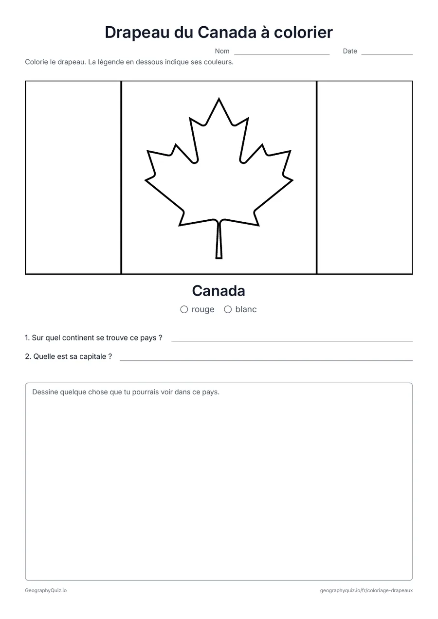 Aperçu de la fiche à imprimer « Drapeau du Canada à colorier »: Le drapeau du Canada dessiné en grand et dans ses vraies proportions, avec une légende des couleurs et deux questions