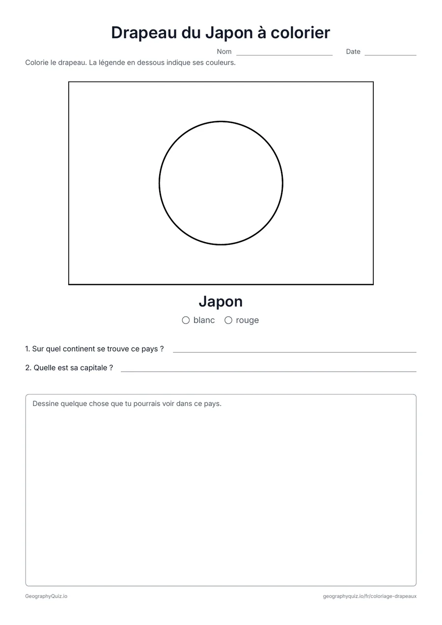 Aperçu de la fiche à imprimer « Drapeau du Japon à colorier »: Le drapeau du Japon dessiné en grand et dans ses vraies proportions, avec une légende des couleurs et deux questions