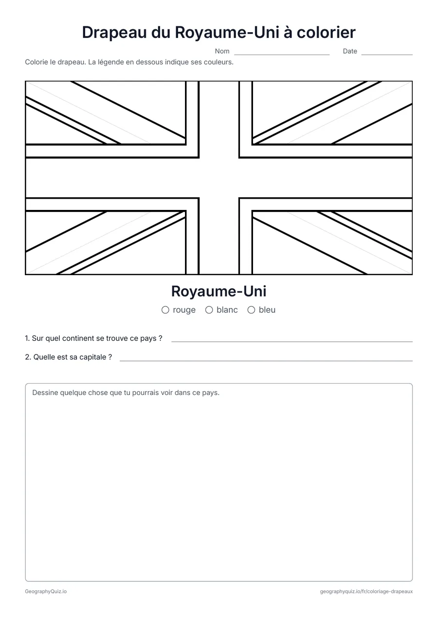 Aperçu de la fiche à imprimer « Drapeau du Royaume-Uni à colorier »: Le drapeau du Royaume-Uni dessiné en grand et dans ses vraies proportions, avec une légende des couleurs et deux questions