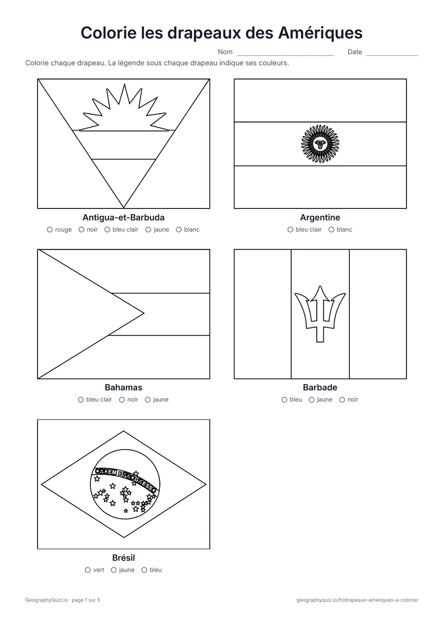 Aperçu de la fiche : Drapeaux des Amériques à colorier